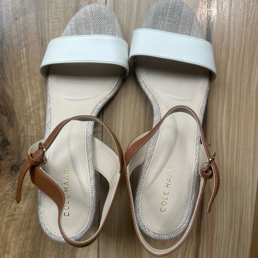 Cole Haan White and Tan Flat Sandals with Adjustable Ankle Strap - Brand new, W8
